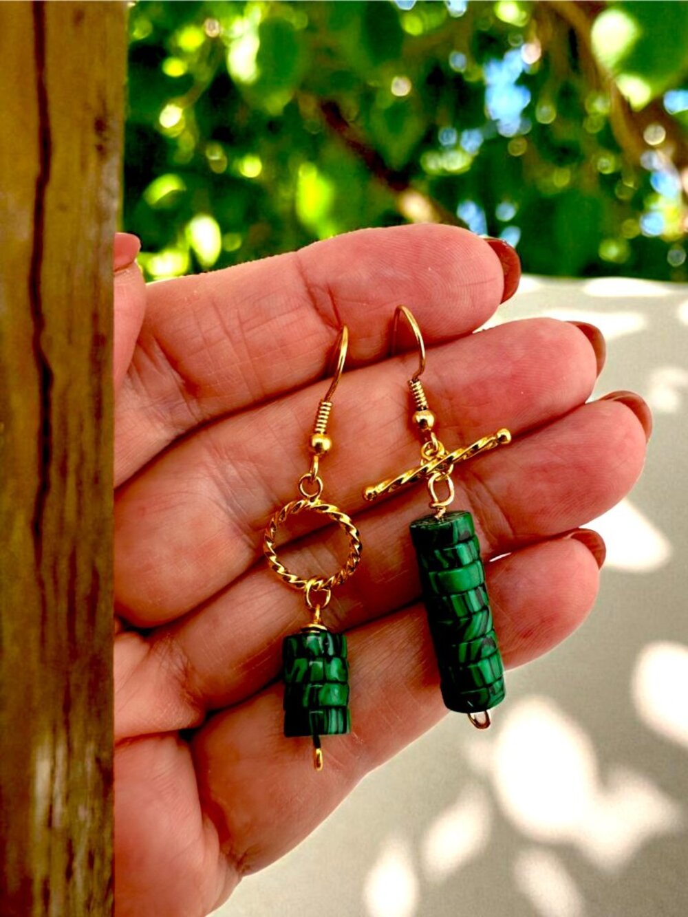 Malachite Heishi Dangle Earrings Asymmetrical Gold Plated Handmade Artisan 2"
